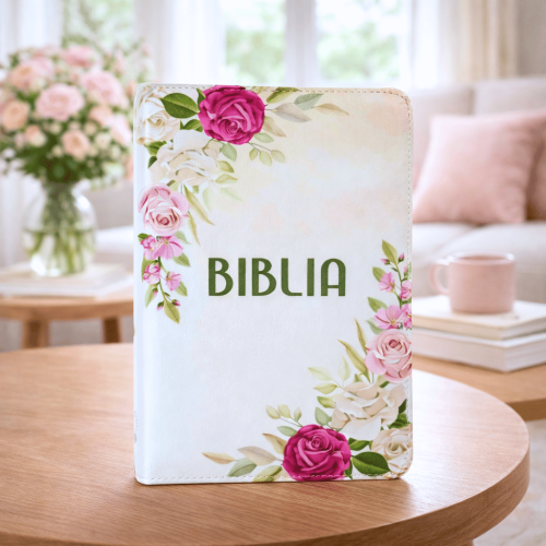 Biblie marime medie, piele ecologică, model floral alb, fermoar, index, margini aurii, cuv. lui Isus cu rosu